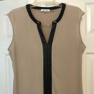 Calvin Klein Top Size Large Tan with Black Faux Leather and Chain Detail